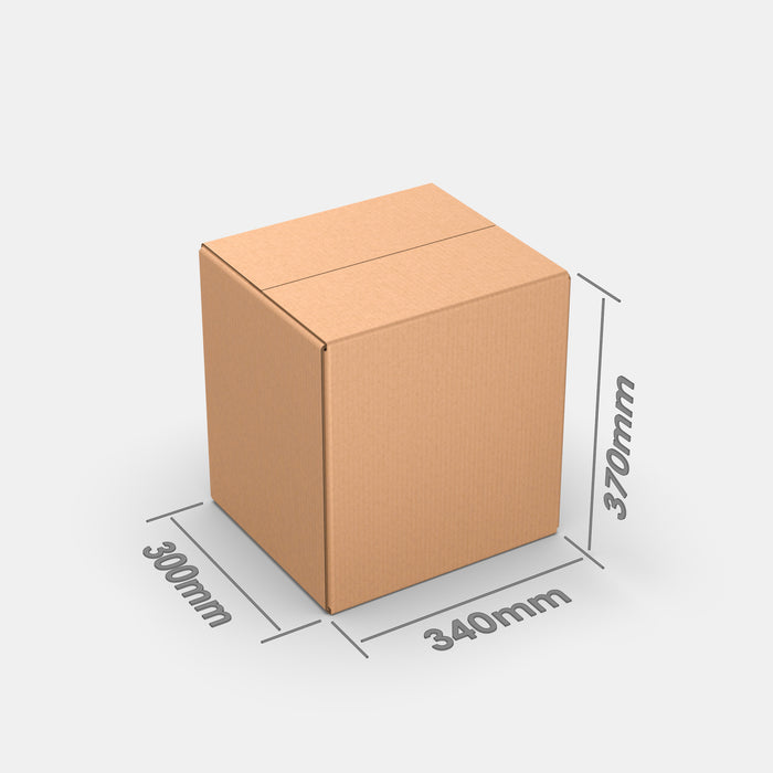 Unisend XL 50% parcel locker box 300×340×370 mm – cardboard box with dimensions labeled on white background