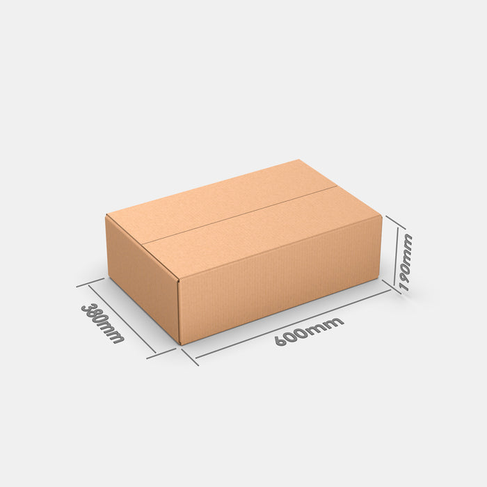 Venipak M parcel locker box 600×380×190 mm – cardboard box with dimensions labeled on white background