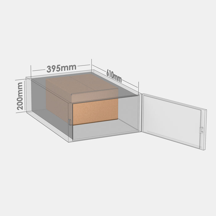 Venipak M 50% parcel locker box 300×380×190 mm – cardboard box placed in half of an M-size parcel locker compartment
