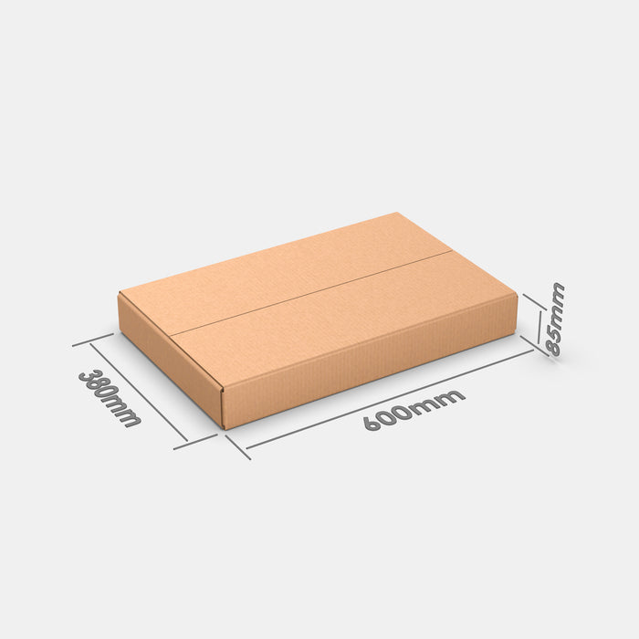 Venipak S parcel locker box 600×380×85 mm – cardboard box with dimensions labeled on white background