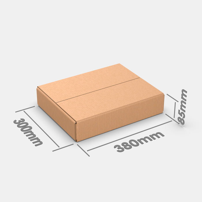 Venipak S 50% parcel locker box 300×380×85 mm – cardboard box with dimensions labeled on white background