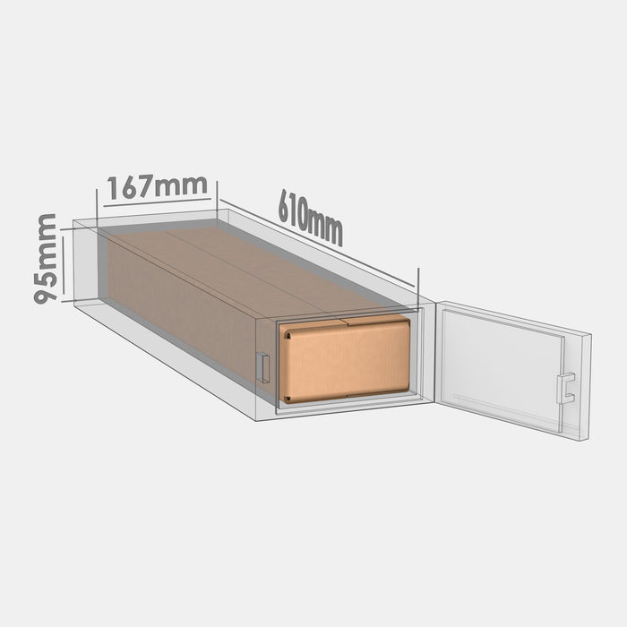 Venipak XS parcel locker box 600×155×85 mm – cardboard box placed in XS-size parcel locker compartment