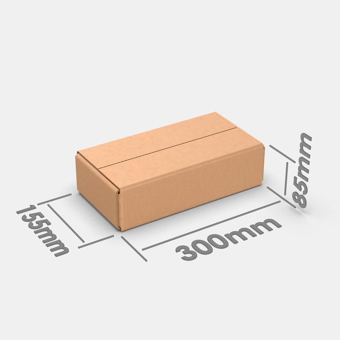 Venipak XS 50% parcel locker box 300×155×85 mm – cardboard box with dimensions labeled on white background