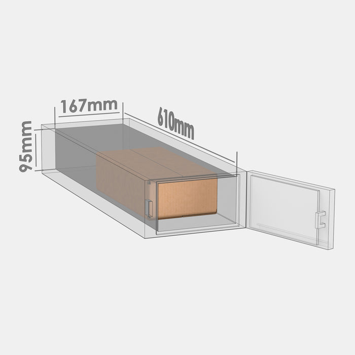 Venipak XS 50% parcel locker box 300×155×85 mm – cardboard box placed in half of an XS-size parcel locker compartment
